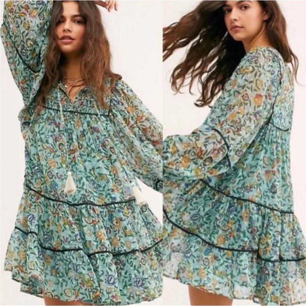 Free People Free Swinging Tiered Floral Mini Dress in Teal Sz S *no slip*